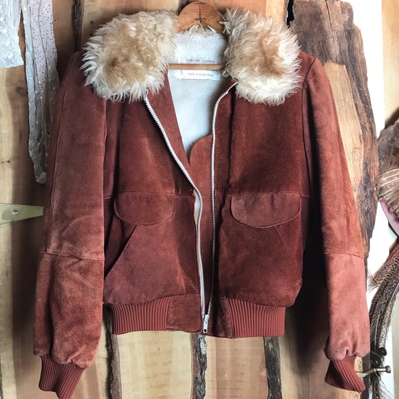 VINTAGE 70s Suede and Faux Fur Bomber Jacket S - Picture 3 of 8
